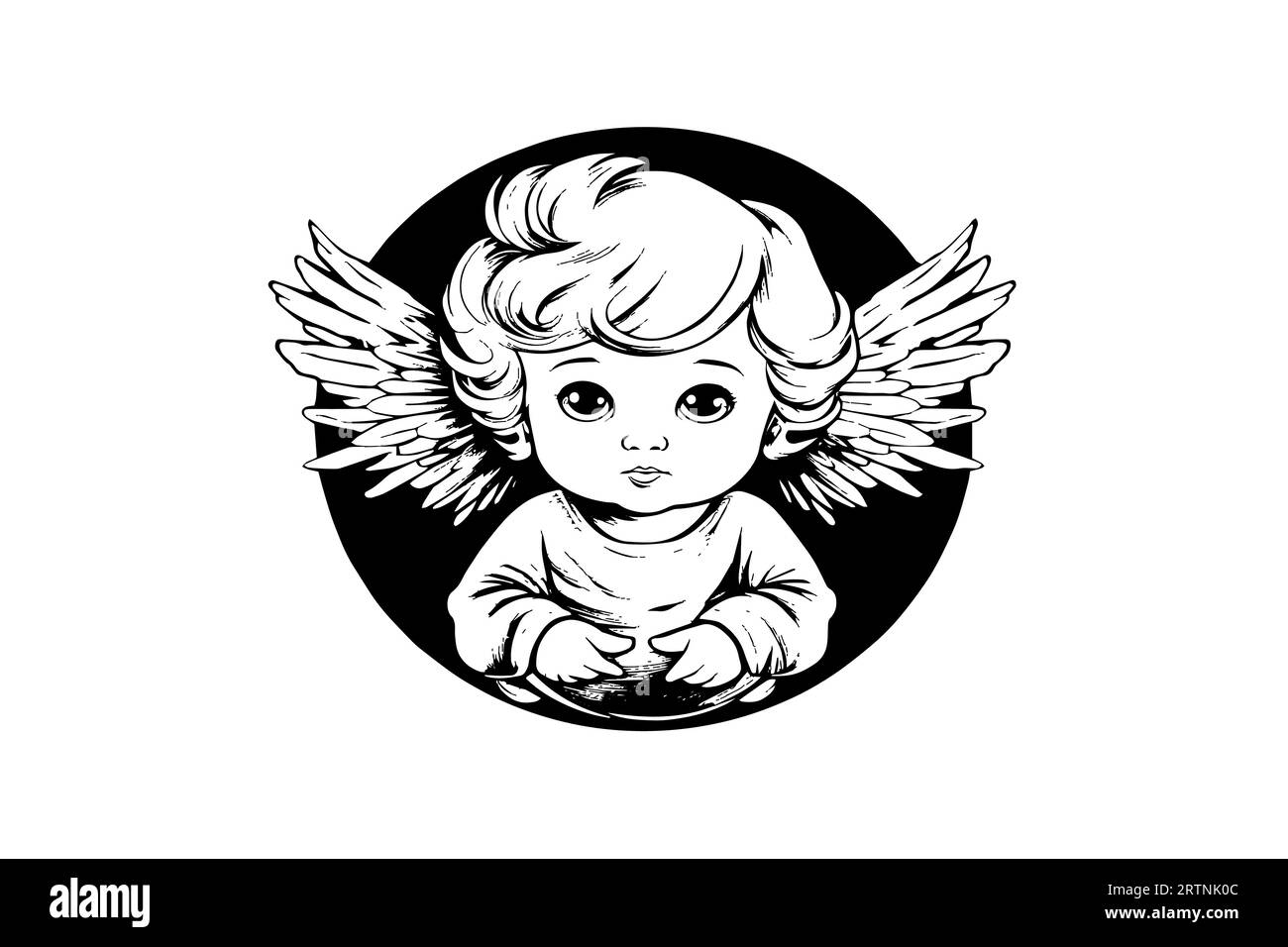 Little angel logotype vector retro style engraving black and white illustration. Cute baby with wings. Stock Vector