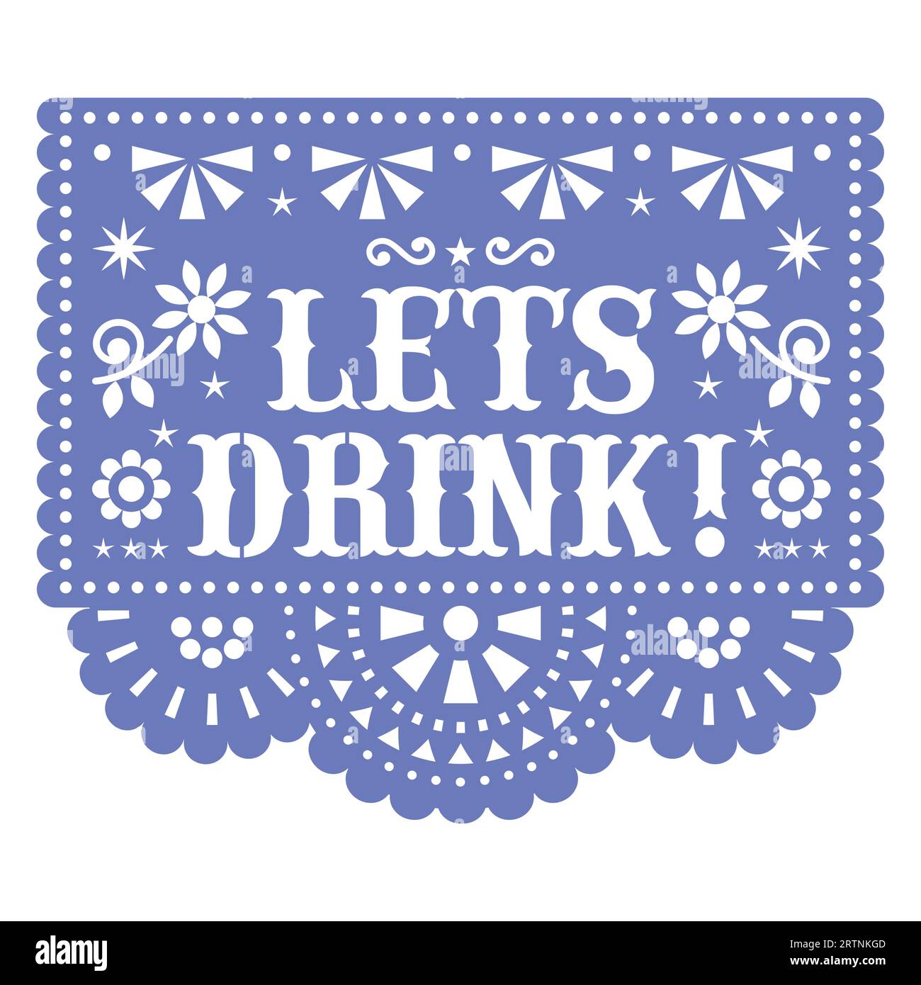 Let's drink Papel Picado vector design, Mexican cutout paper fiesta decoration in blue on white background Stock Vector