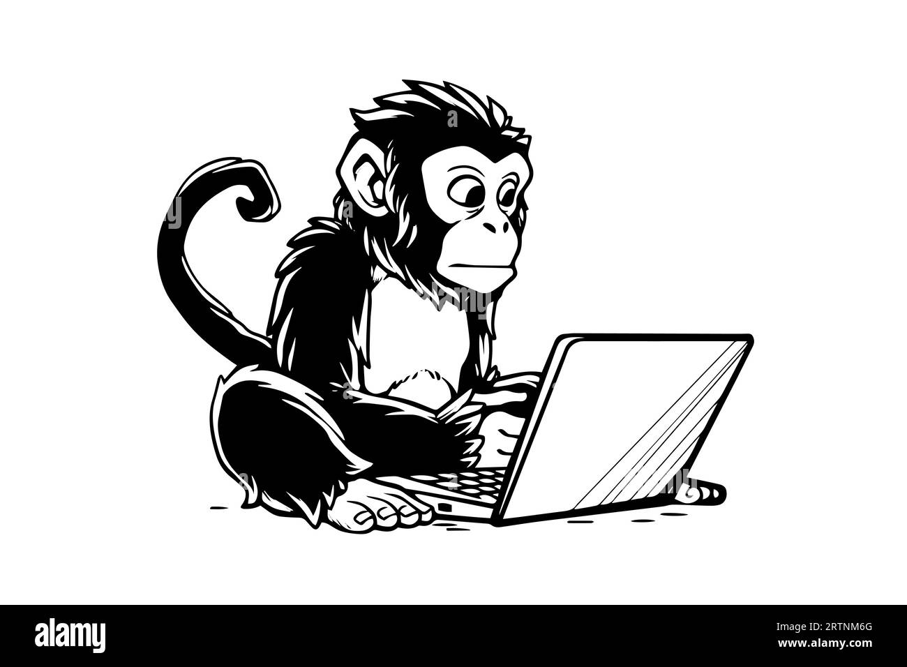 Monkey with laptop. Ink sketch engraving vector illustration. Stock Vector