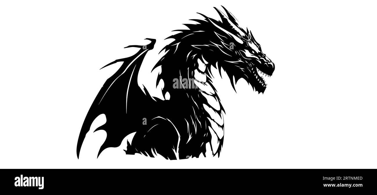 Graphic silhouette of black dragon isolated on white background. Vector illustration . Stock Vector