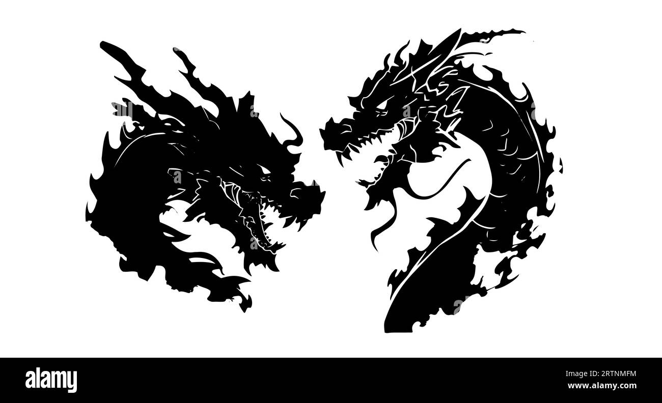 Graphic silhouette of black dragon isolated on white background. Vector illustration. Stock Vector
