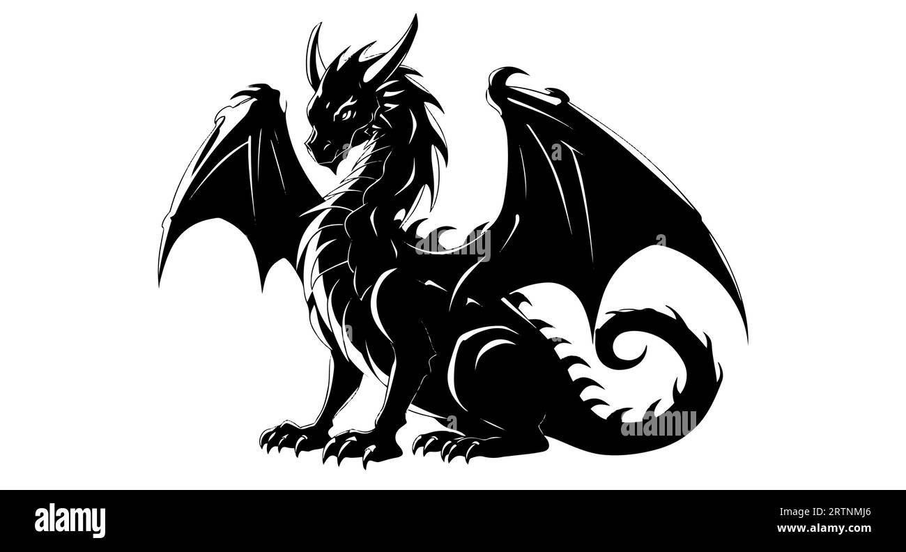 Graphic silhouette of black dragon isolated on white background. Vector illustration. Stock Vector