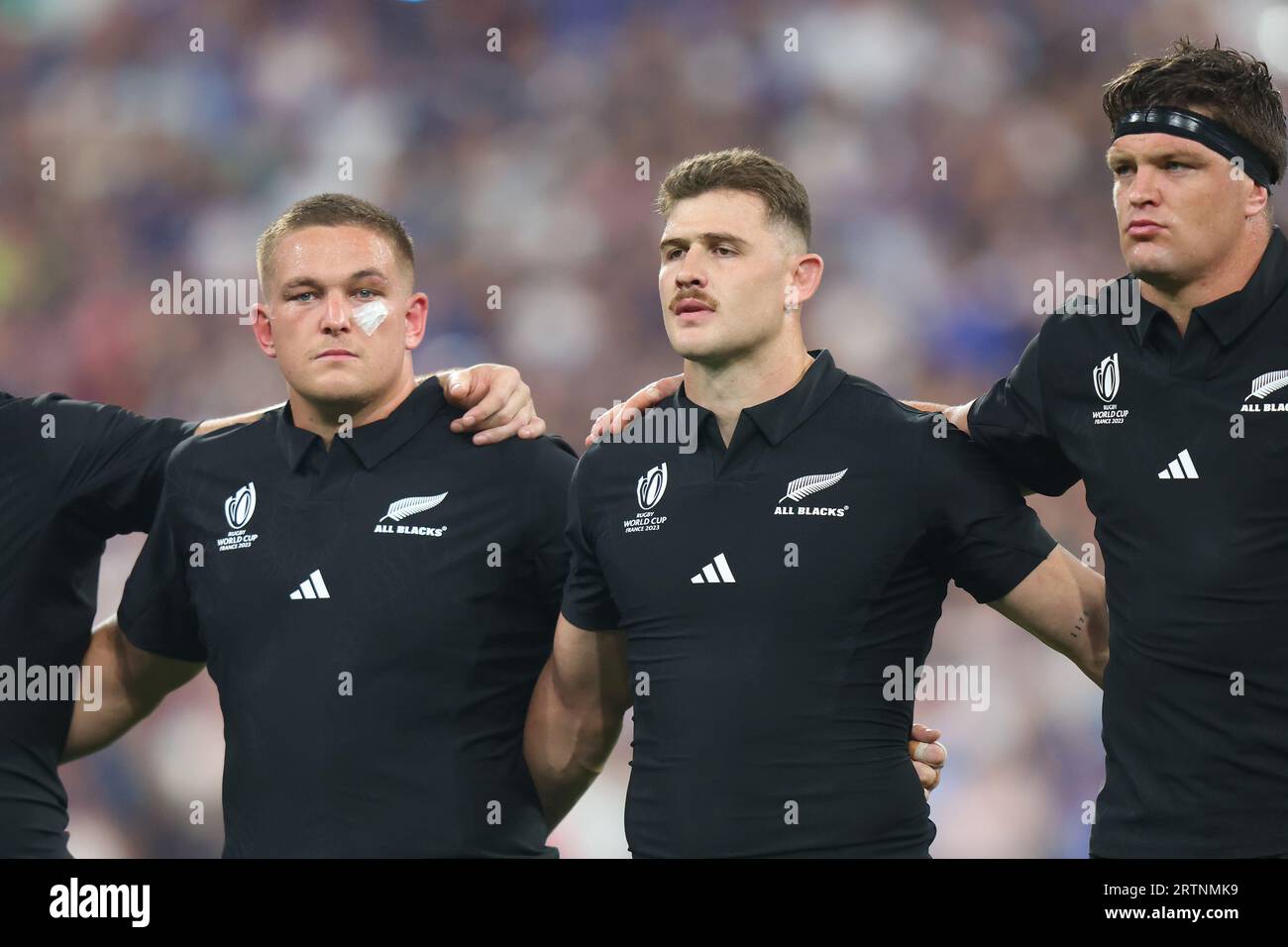 Paris, France. 9th Sep, 2023. (L-R) Ethan de Groot, Dalton Papalii and Scott  Barrett of New Zealand line up before the Rugby World Cup 2023 match at  Stade de France, Paris. Picture