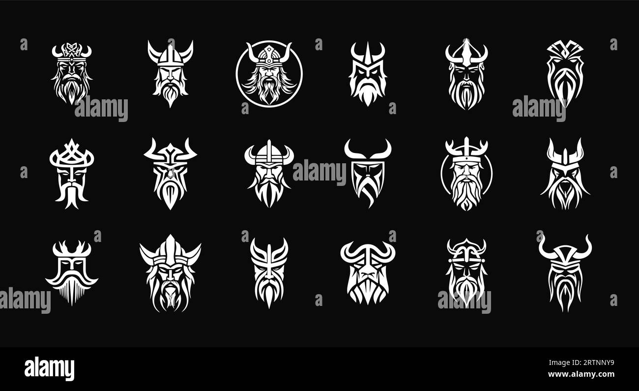 Scandinavian warrior emblem set, medieval mascot logo, ancient Norseman. Viking monochrome
