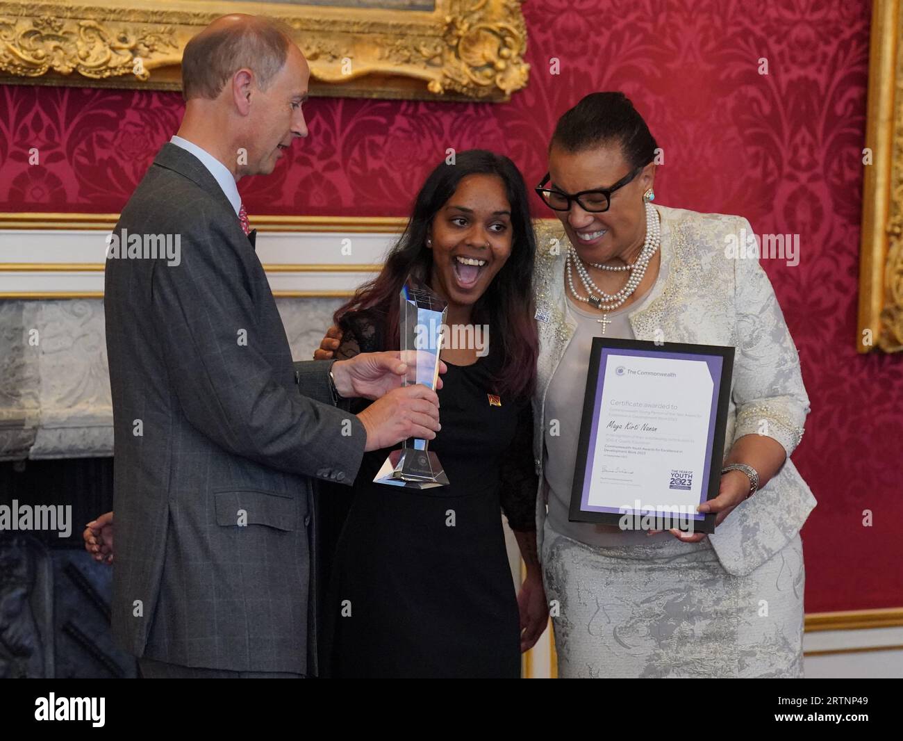 The Duke of Edinburgh presents Maya Kirti Nanan her Commonwealth Young Person of the Year Award and certificate alongside Commonwealth Secretary General, Baroness Scotland of Asthal, during the Commonwealth Youth Awards at St James's Palace in London. Picture date: Thursday September 14, 2023. Stock Photo