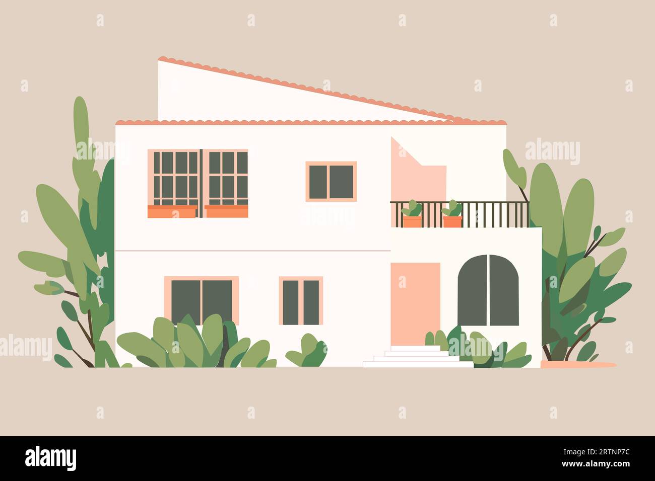 Modern eco house with greenery and balcony. Minimalistic vector illustration in pastel colors Stock Vector