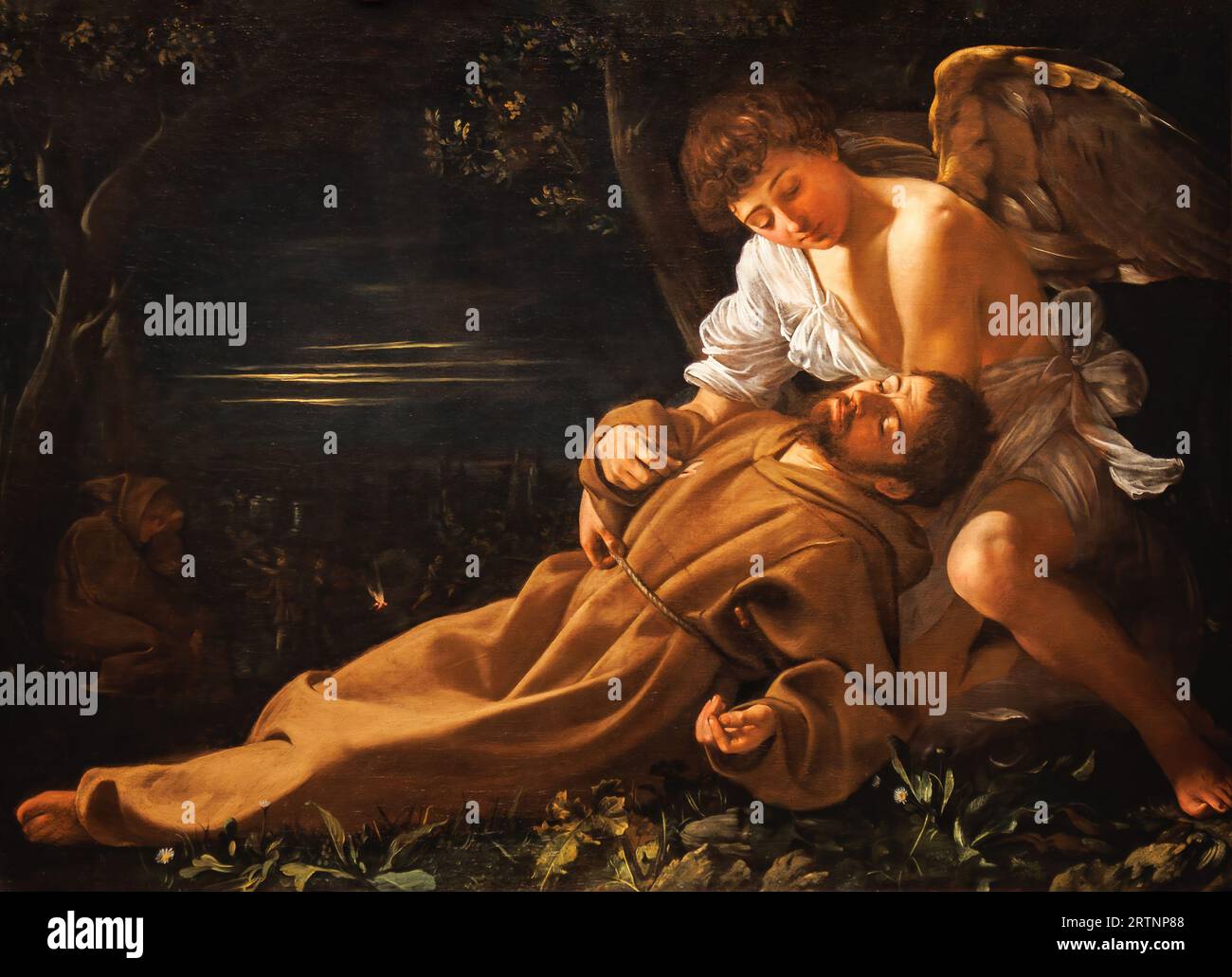Painting Saint Francis of Assisi in Ecstasy showing an Angel comforting the Saint, by Michelangelo Merisi da Caravaggio, exposed at the National Galle Stock Photo
