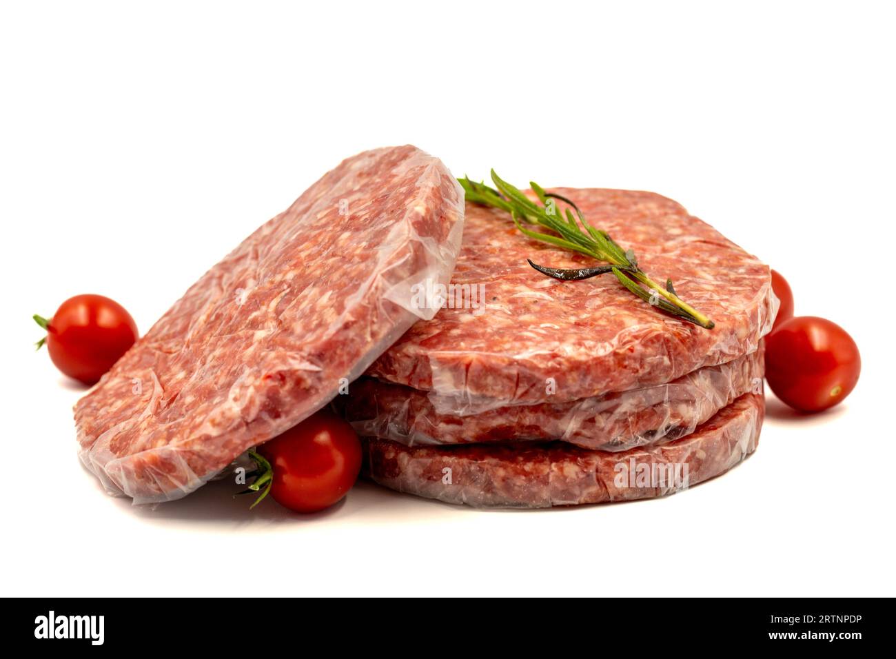 Raw hamburger patty isolated on white background. Raw veal hamburger