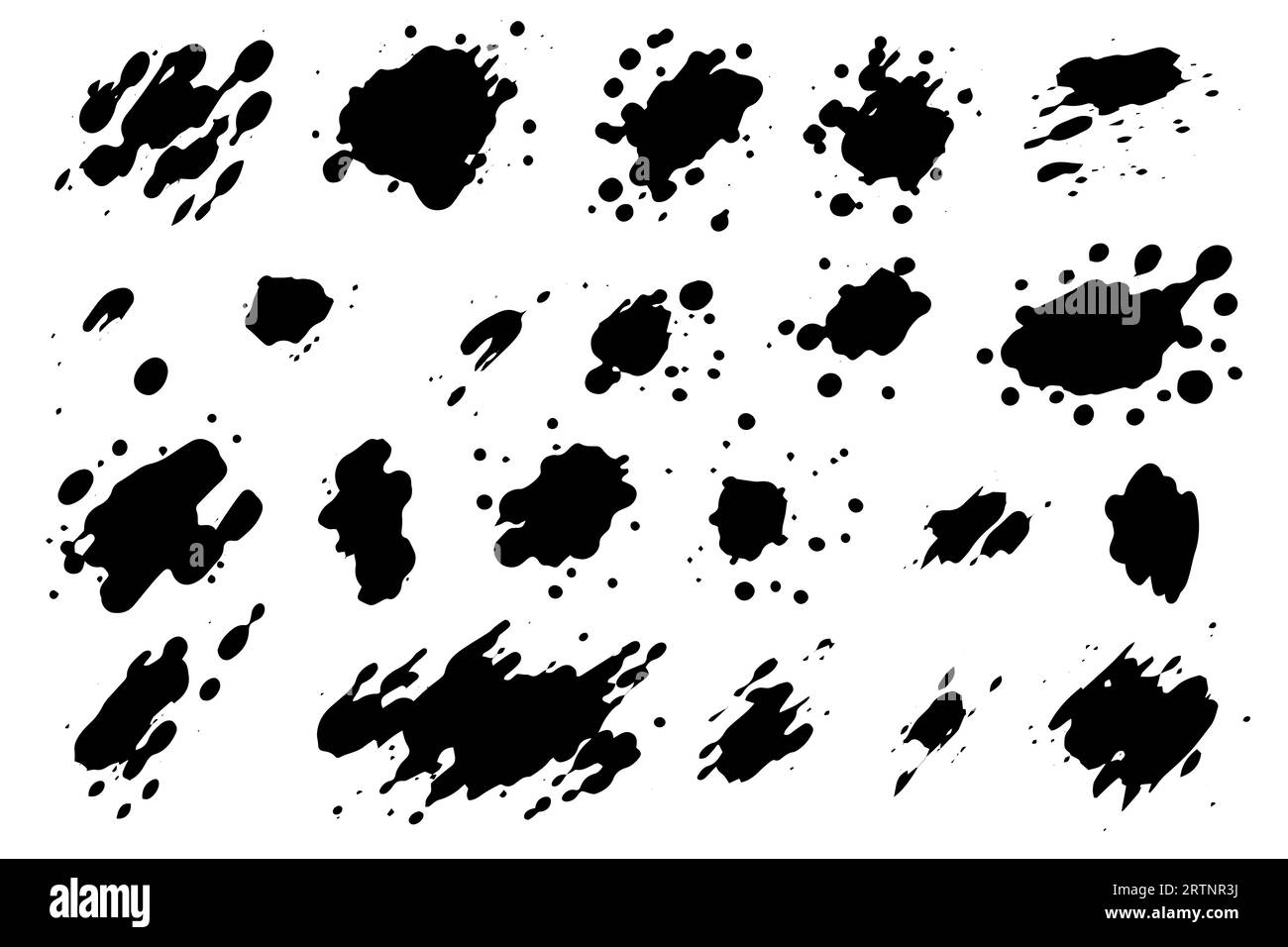 Grunge ink black paint splotch. Splash of paints, spray drops staining and frame with wet paint drop vector set. Stock Vector