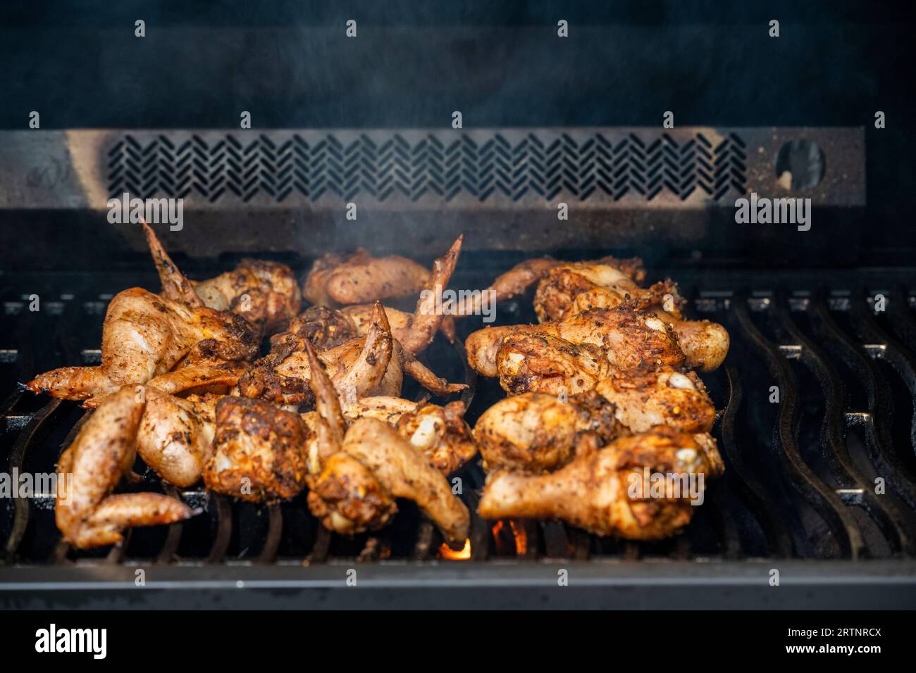 Outdoor cooking. Chicken wings and drumsticks grilled on a BBQ gas