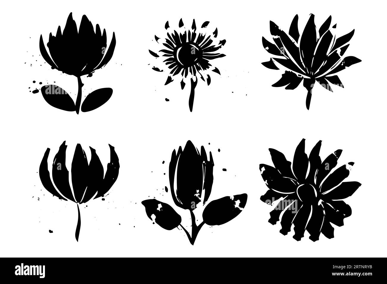 Set of lino cut grunge flower ink stamp. Pack of contemprorary texture