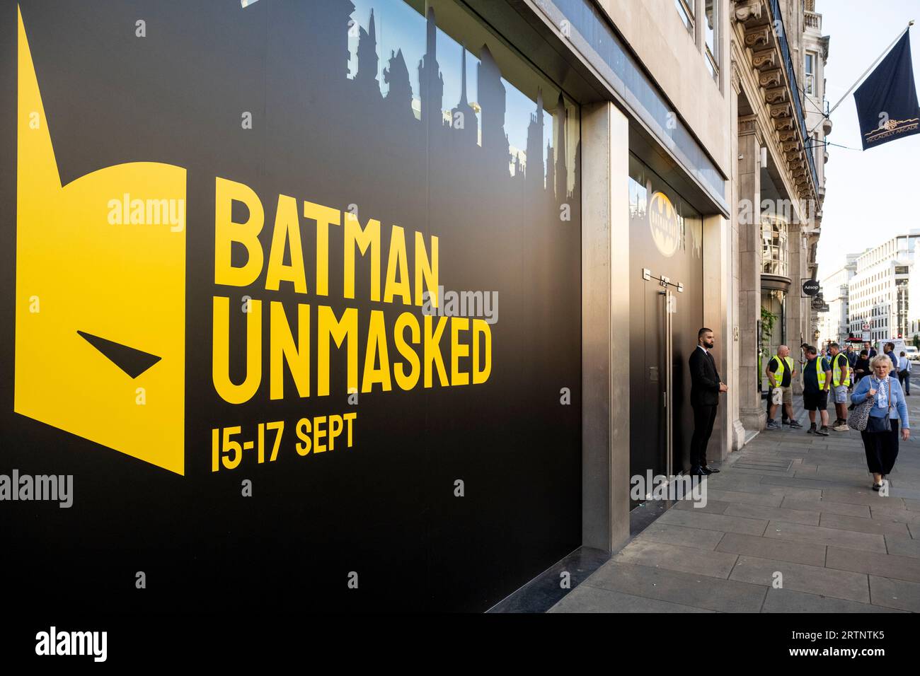 London, UK.  14 September 2023.  Exterior signage at the preview of Batman Unmasked at 180 Piccadilly.  Marking global Batman Day, The Caped Crusader’s legendary history is celebrated through rare comics from Batman’s beginnings, to his appearance in TV, movies, videogames and more.  The show is open to the public 15 to 17 September.  Credit: Stephen Chung / Alamy Live News Stock Photo
