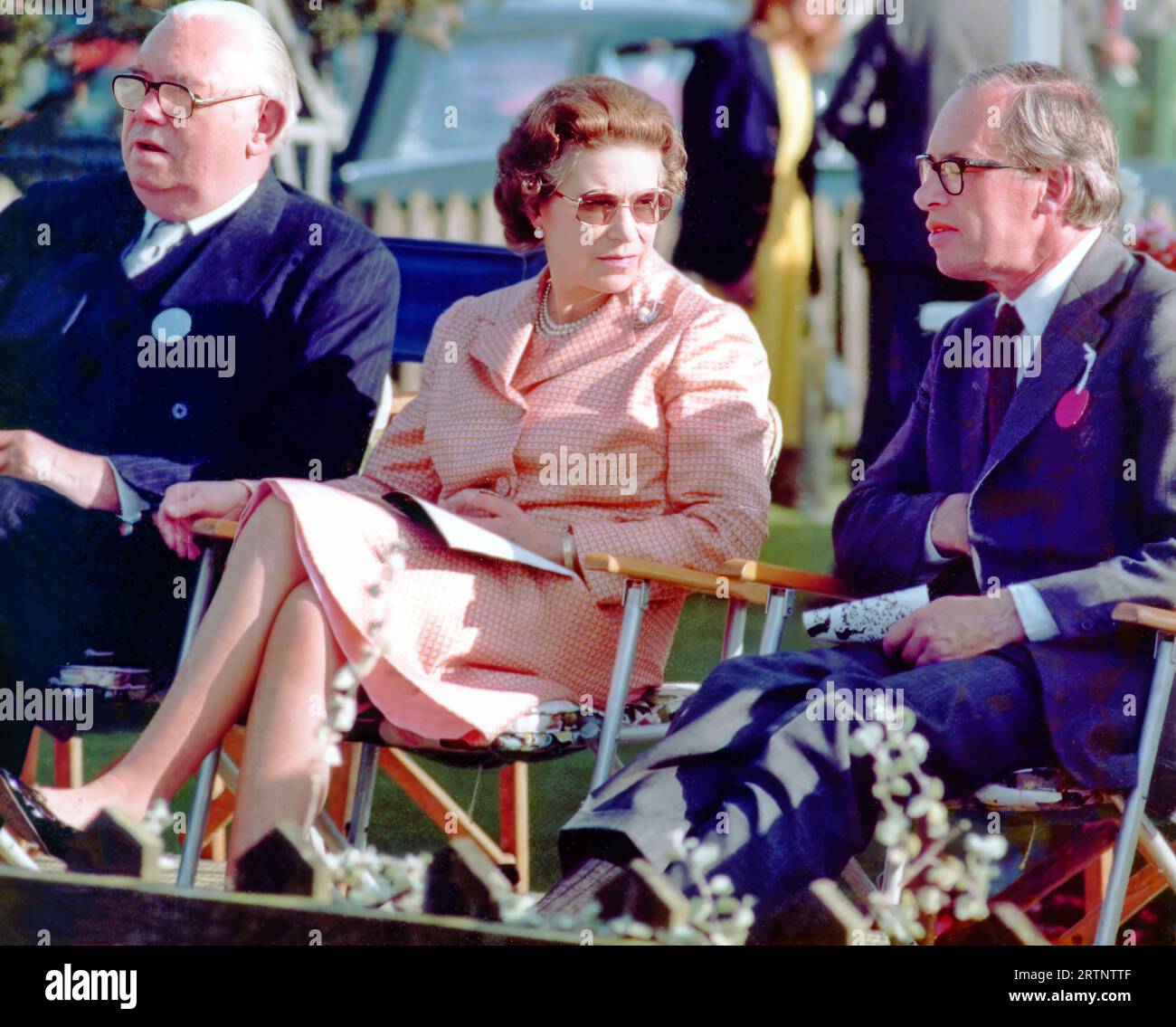 Queen Elizabeth 2 watching  polo match at the Guards Polo Club ,Smiths Lawn , Windsor Great Park 1980 Photo has been restored using  AI ,Topaz Pho AI Stock Photo