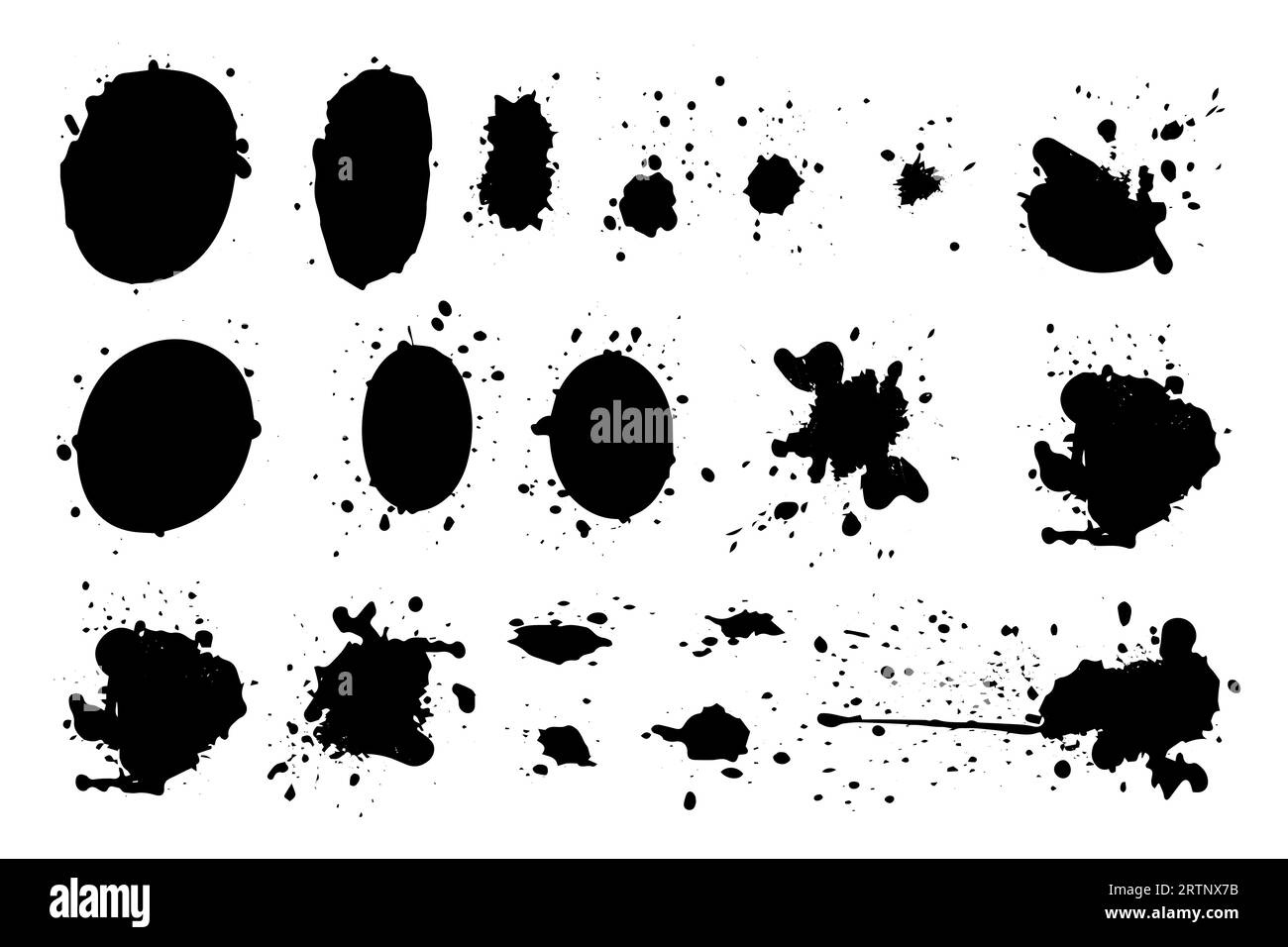 Grunge ink black paint splotch. Splash of paints, spray drops staining and frame with wet paint drop vector set. Stock Vector