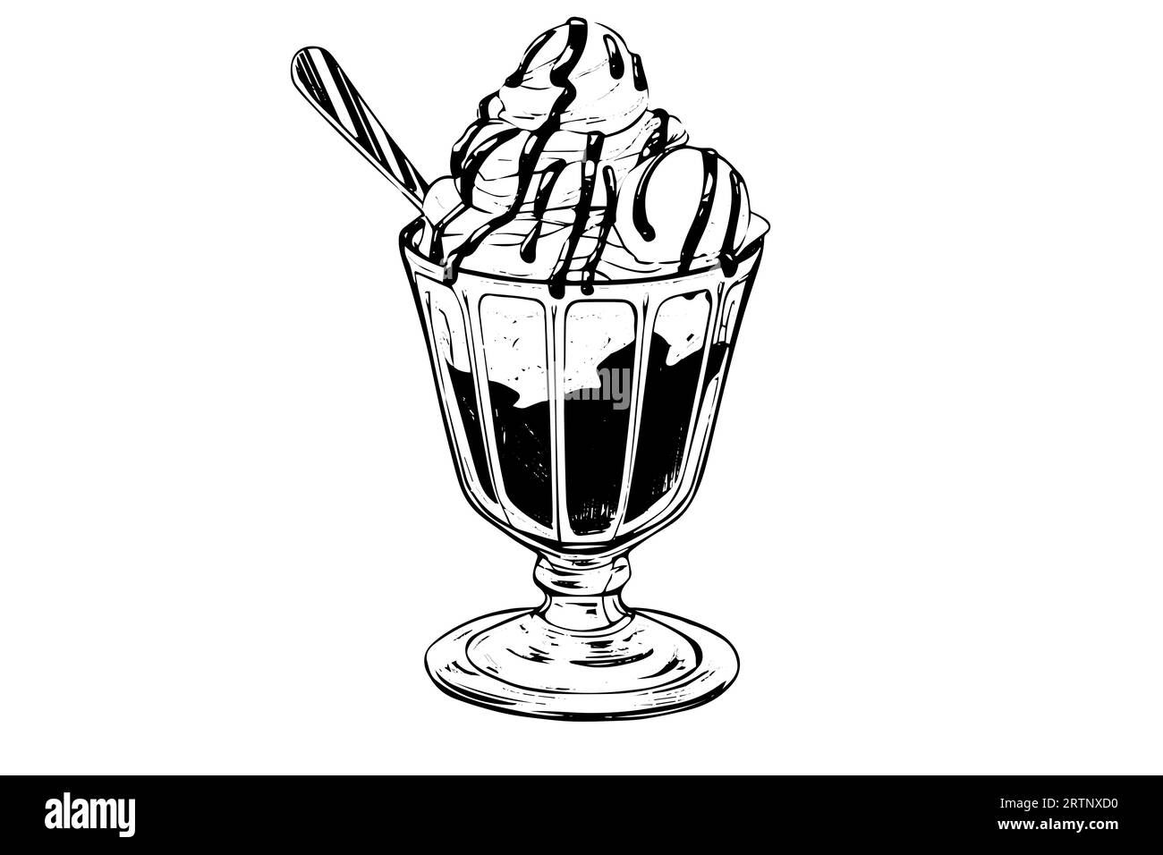 Ice cream scoops with berries and wafer sticks in glass cup. Ink sketch