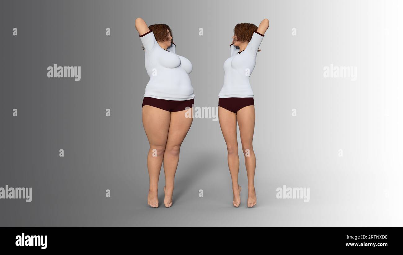 Conceptual fat overweight obese female vs slim fit healthy body after  weight loss or diet with muscles thin young woman isolated Stock Photo -  Alamy, image size:1300x821