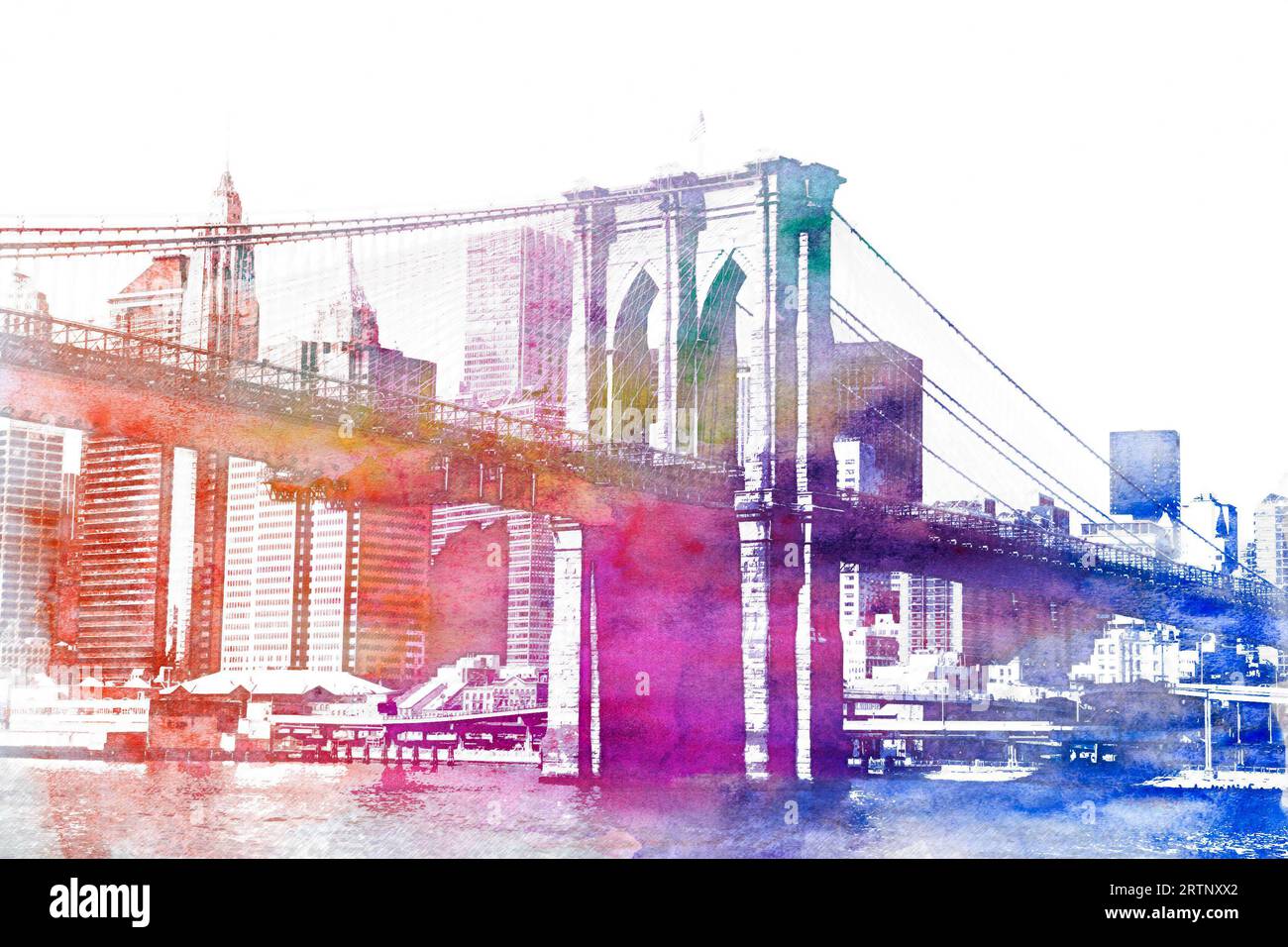 Illustration of the Brooklyn Bridge along the East River, New York City. Stock Photo