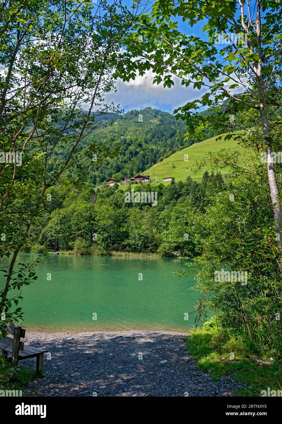 view across the Klammsee (flume lake) onto the landscape above the Sigmund Thun flume in the region Pinzgau of Salzburg, Austria Stock Photo