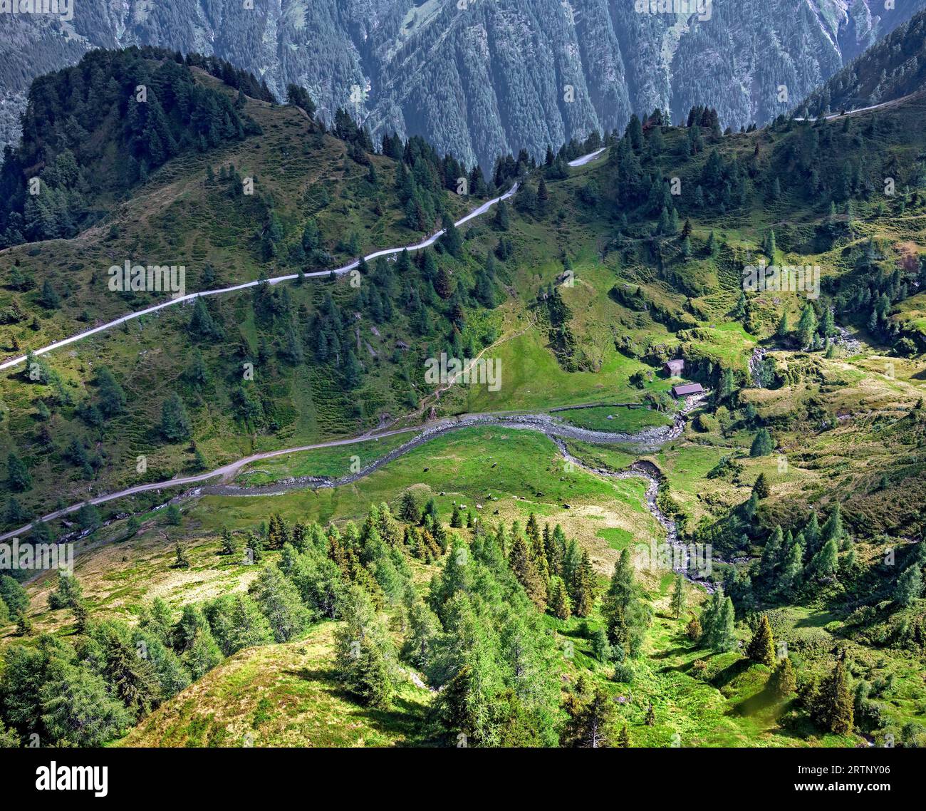 aerial view of the landscape beneath of the mountain Kitzsteinhorn in the region Pinzgau in Austria Stock Photo