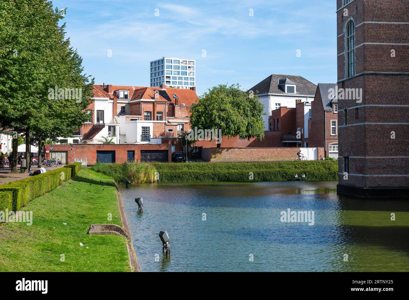 Turnhout, Antwerp Province, Belgium, September 6, 2023 - The Dukes of Brabant castle with water and green surroundings Stock Photo