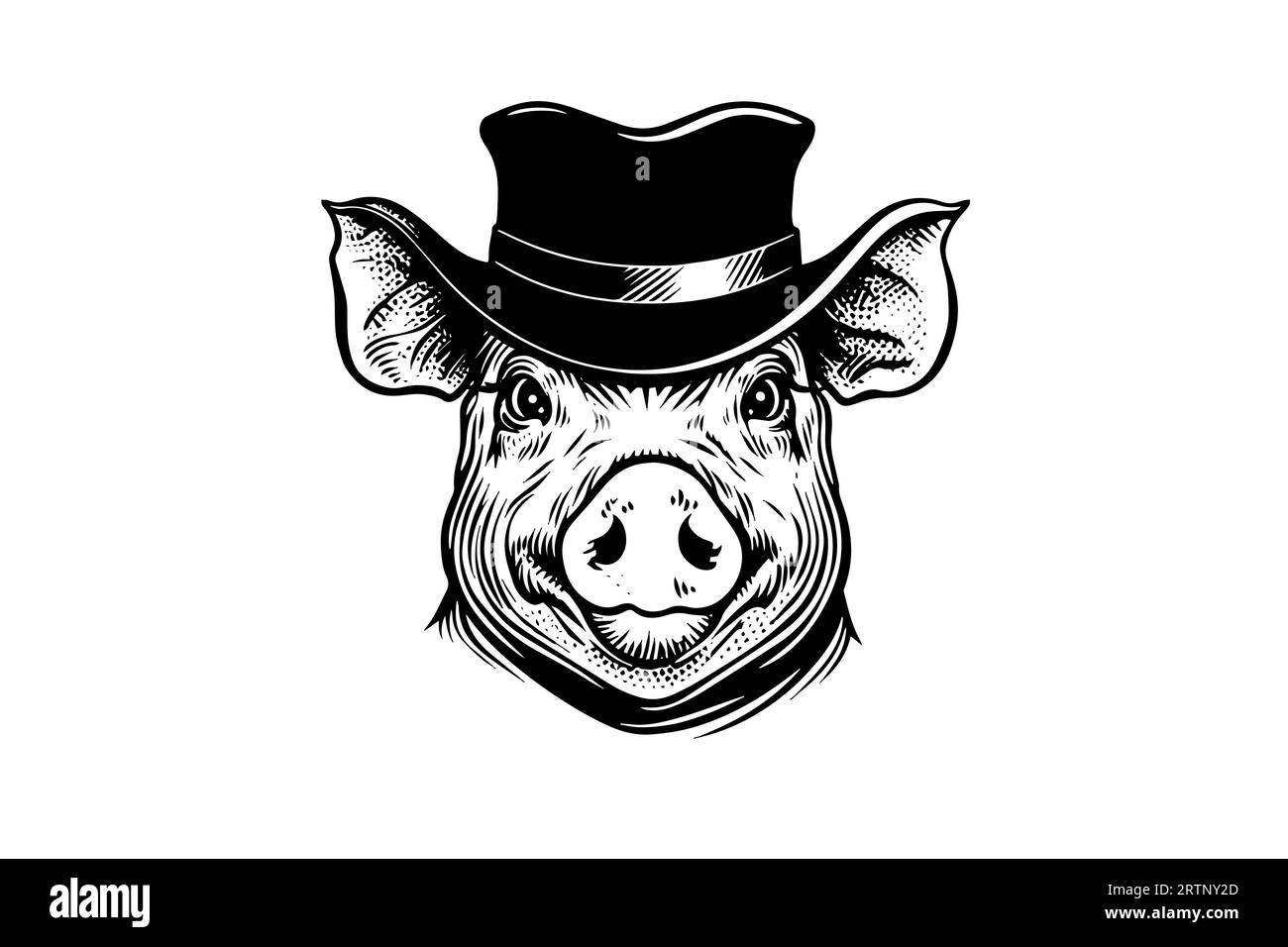 Cute pig or pork in hat head engraving logotype style vector illustration. Stock Vector