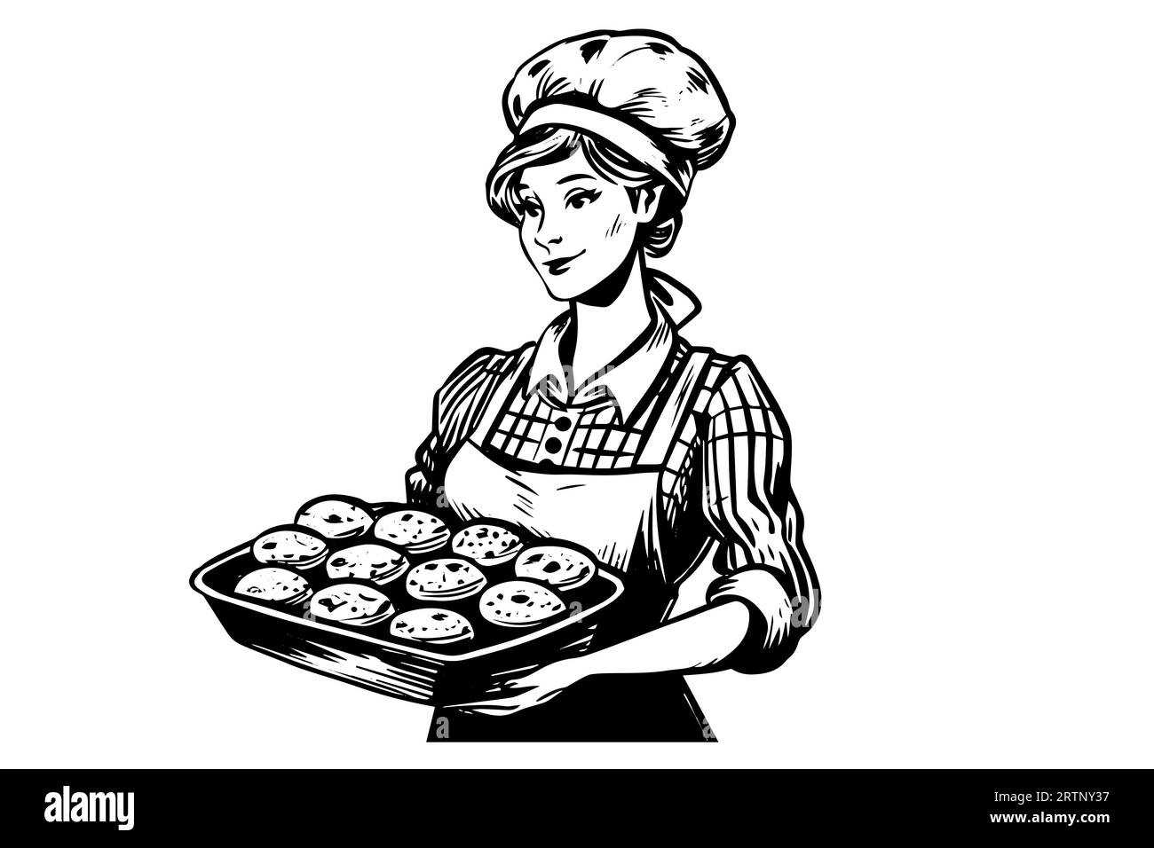 Hand drawn ink sketch of female baker with baked bread on a tray. Engraved style vector
