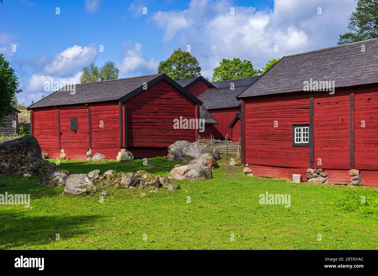 Stensjö by is a hamlet and cultural reserve in Smaland near Oskarshamn, Kalmar län, Sweden, preserved in its early 19th century state. Stock Photo