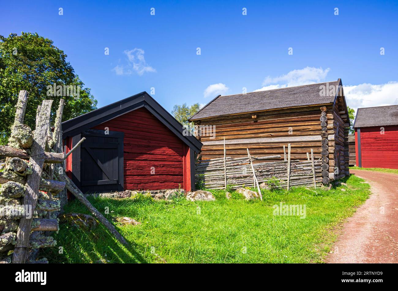 Stensjö by is a hamlet and cultural reserve in Smaland near Oskarshamn, Kalmar län, Sweden, preserved in its early 19th century state. Stock Photo