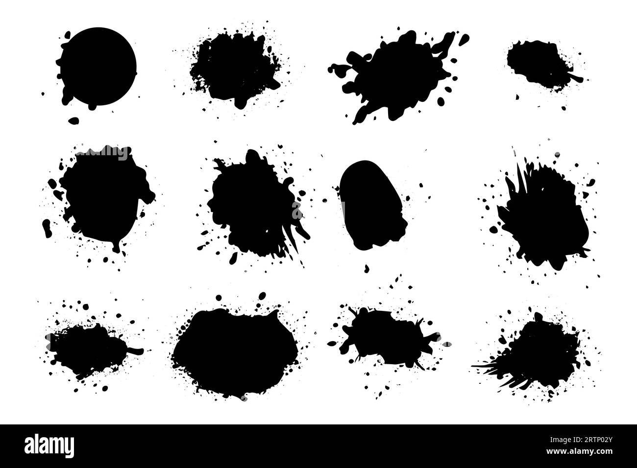 Grunge ink black paint splotch. Splash of paints, spray drops staining and frame with wet paint drop vector set. Stock Vector