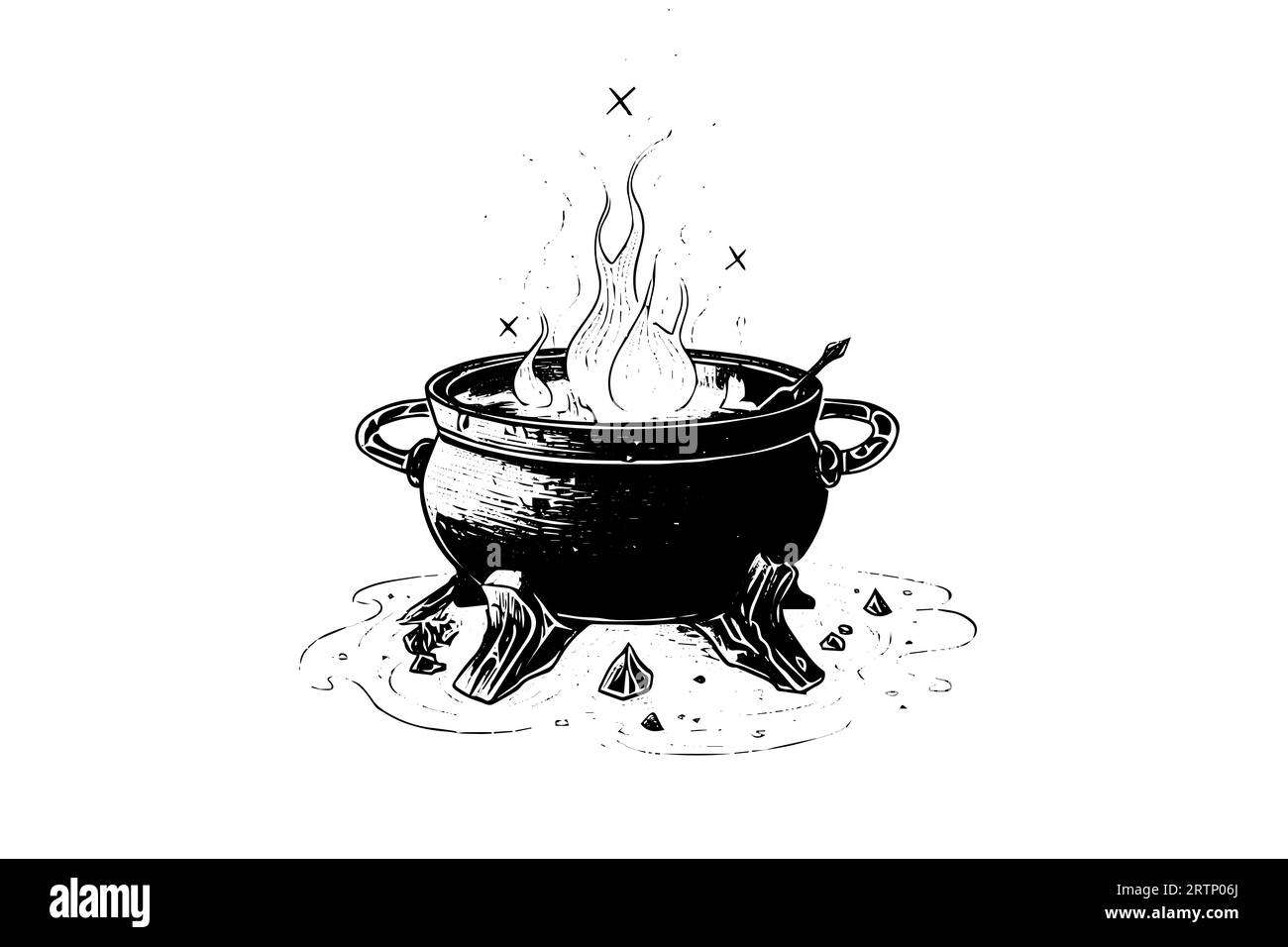 Boiling witch's cauldron hand drawn ink sketch. Engraving style vector illustration. Stock Vector