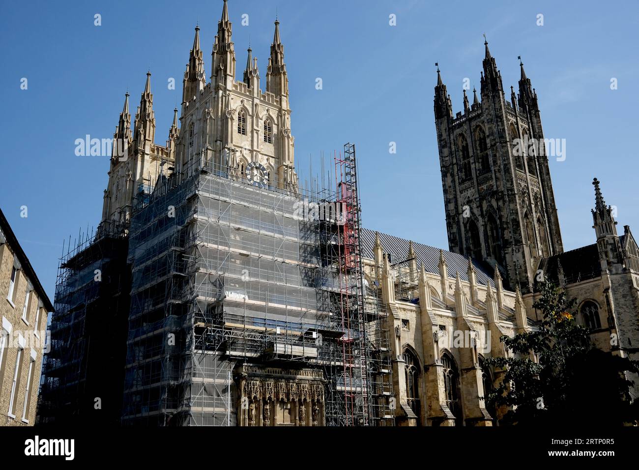 Canterbury Cathedral covered in scaffolding Stock Photo