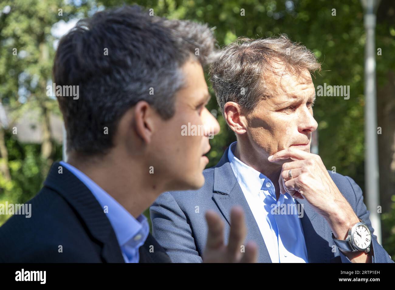 Flemish Minister for Youth, Media and Brussels Affairs Benjamin Dalle and Jo Vander Meylen pictured during a press visit to temporary emergency shelter in Destelheide youth residence, in Dworp, Thursday 14 September 2023. Flemish Minister Dalle and Federal State Secretary De Moor (both CD&V) are joining forces to provide temporary emergency places for asylum seekers. Minister Dalle makes three youth centers available that are owned by the Flemish government. He also asked the sector organization Center for Youth Tourism (CJT) to investigate what options are available to the operators of youth Stock Photo