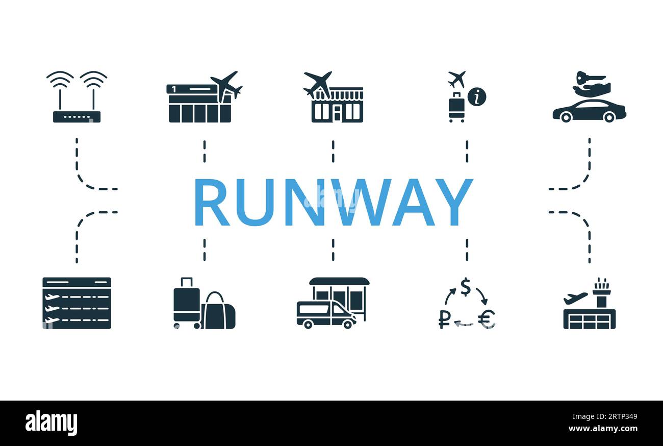 Runway set. Creative icons: wifi access, gates, duty free, tourist information, car hire, flight information board, luggage, bus station, currency Stock Vector