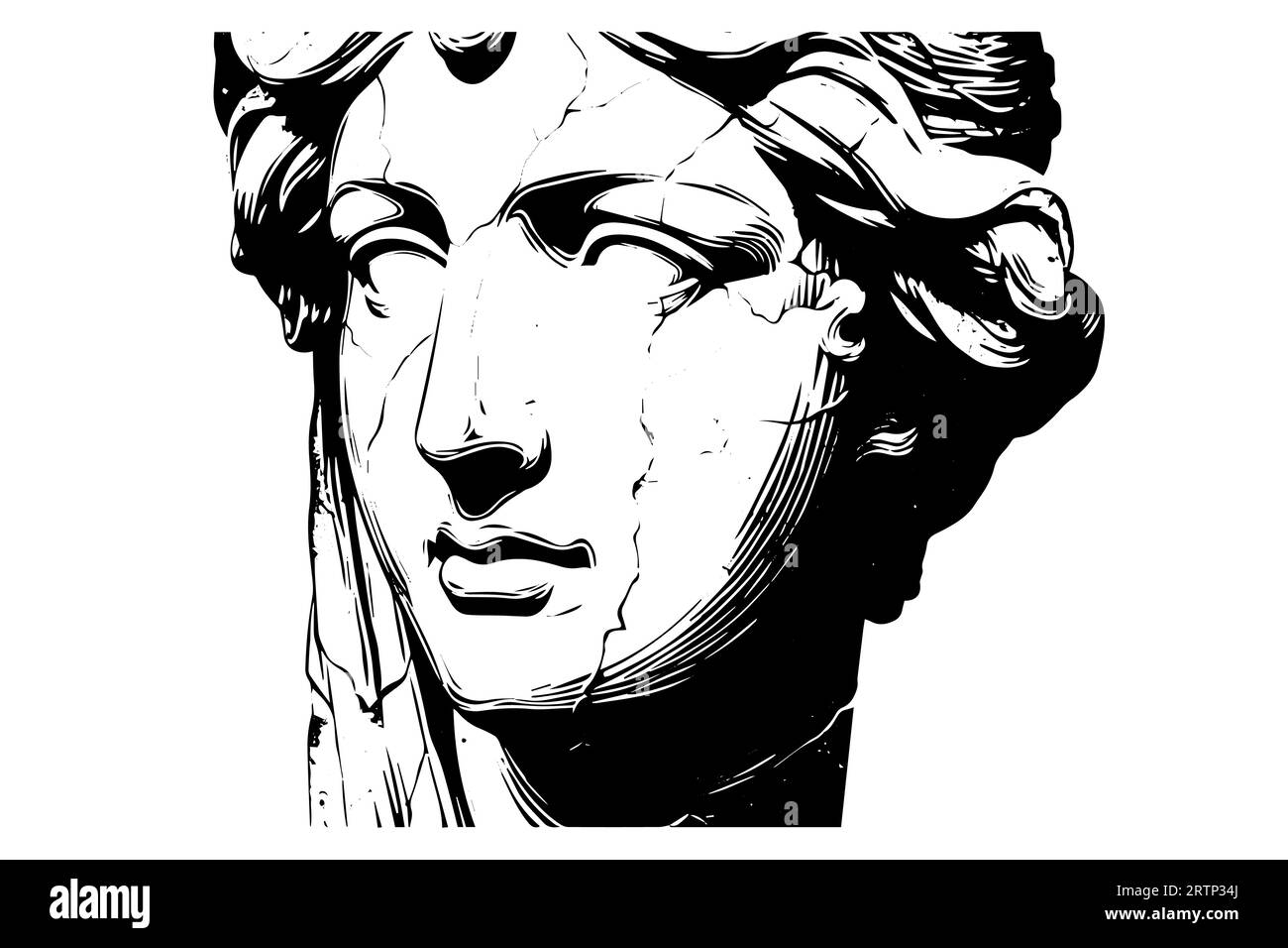 Cracked statue face of greek sculpture hand drawn engraving style