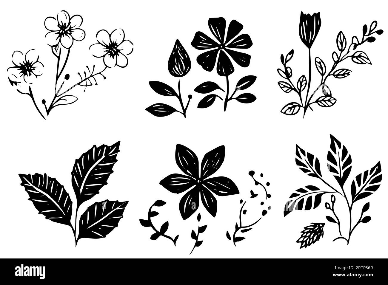 Set of lino cut grunge flower ink stamp. Pack of contemprorary texture