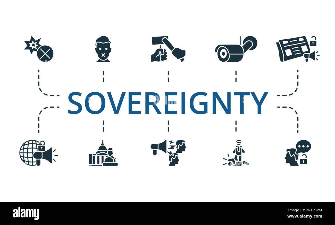 Sovereignty set. Creative icons: prohibited, mute people, revolt, surveillance, free press, free media, politics, propaganda, police brutality Stock Vector