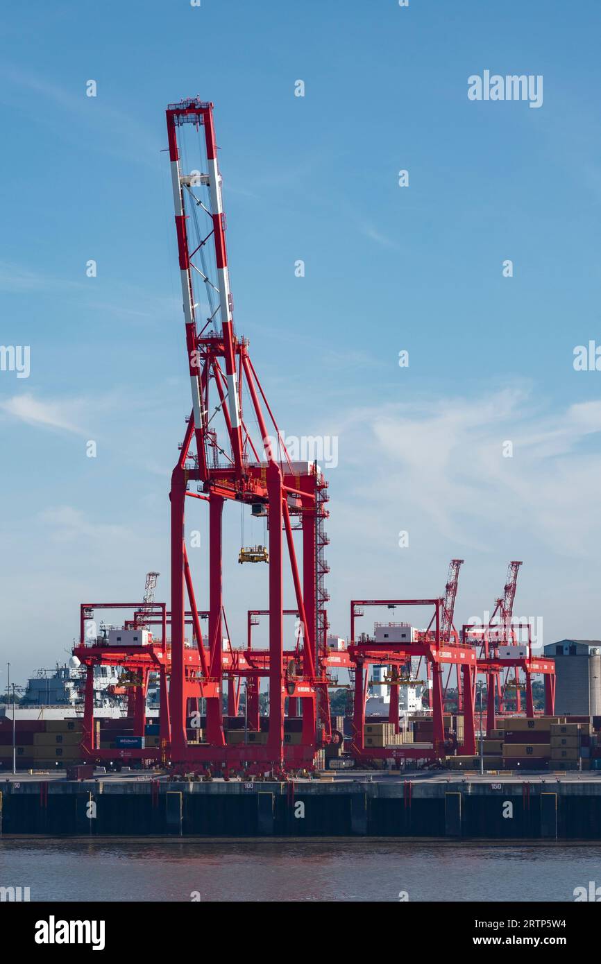 A ship to shore container cranes at Peel Ports dock in Liverpool UK Stock Photo