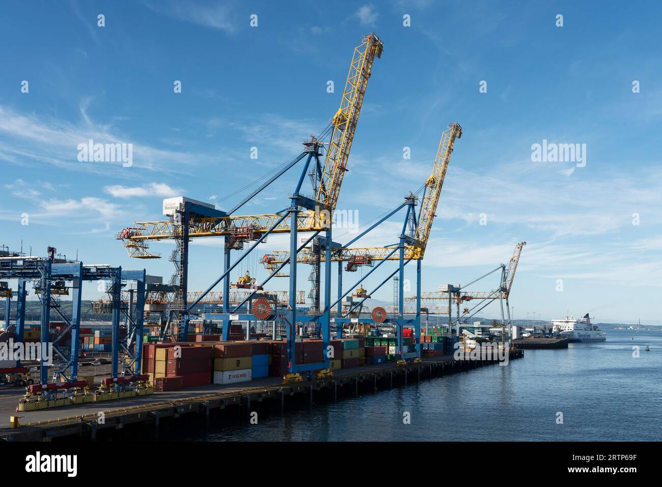 Ship to shore container cranes at the Port of Belfast docks in Northern Ireland UK Stock Photo