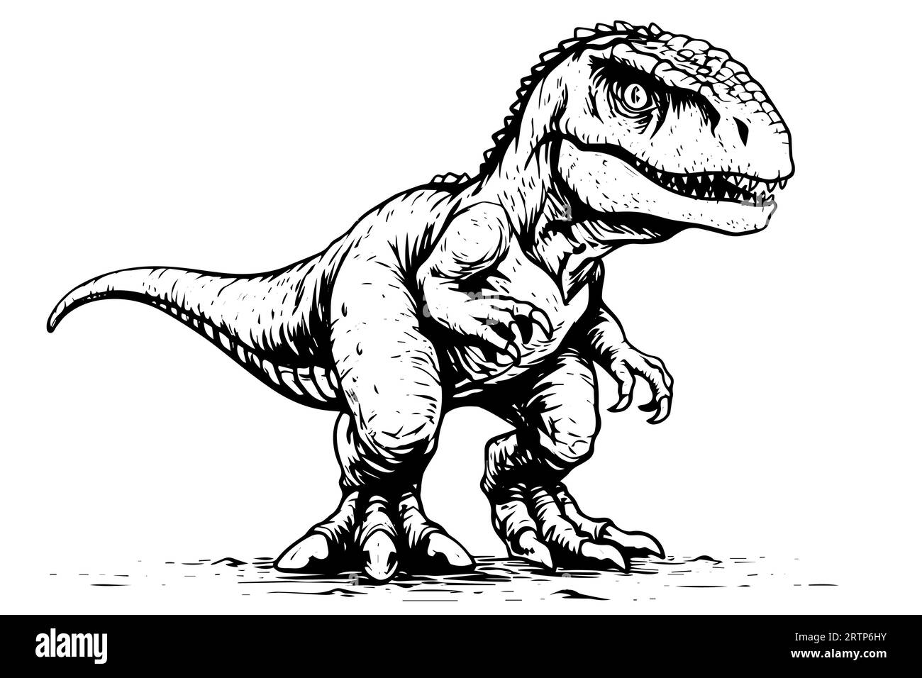 Baby dinosaur tyrannosaurus hand drawn ink sketch. Vector illustration. Logotype,icon, sign, mascot, print design. Stock Vector