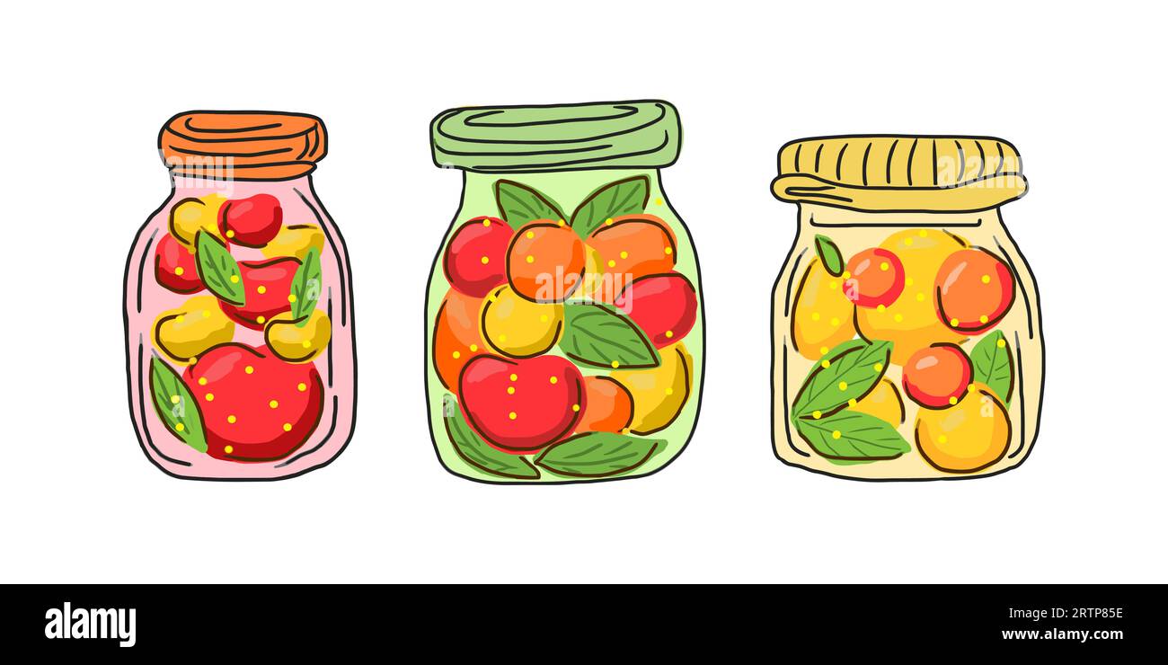 Fruit juice, compote, canned fruit in a jar. Vector isolated. Set of 3