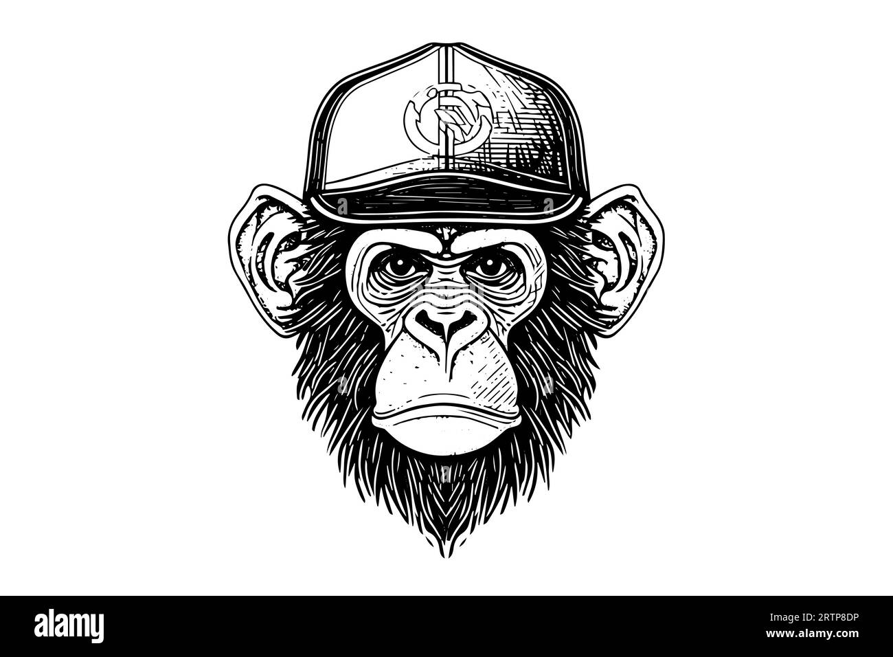 Monkey head in cap hand drawn vector illustration in engraving style ink sketch. Stock Vector