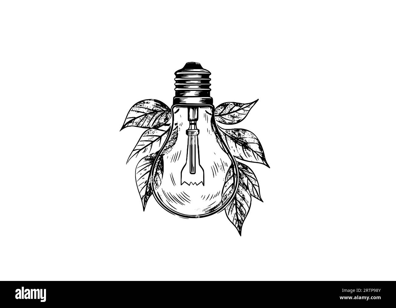 Engraving light bulb with leaves. Vintage engraved light for eco