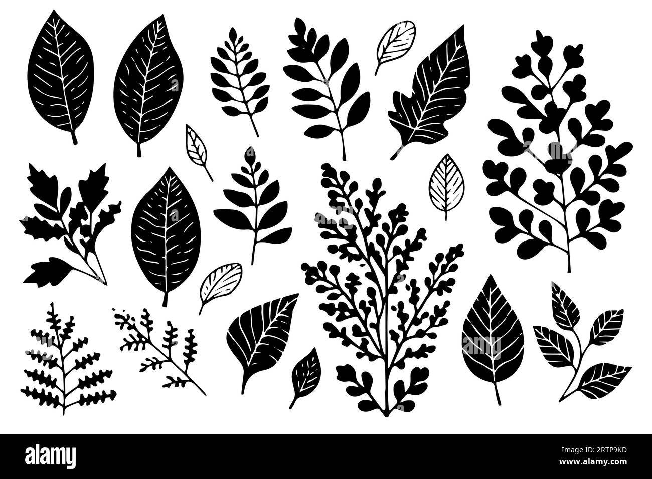 Set of lino cut vector stamp black leaves and branch imprints on white background. Hand drawn floral elements. Stock Vector