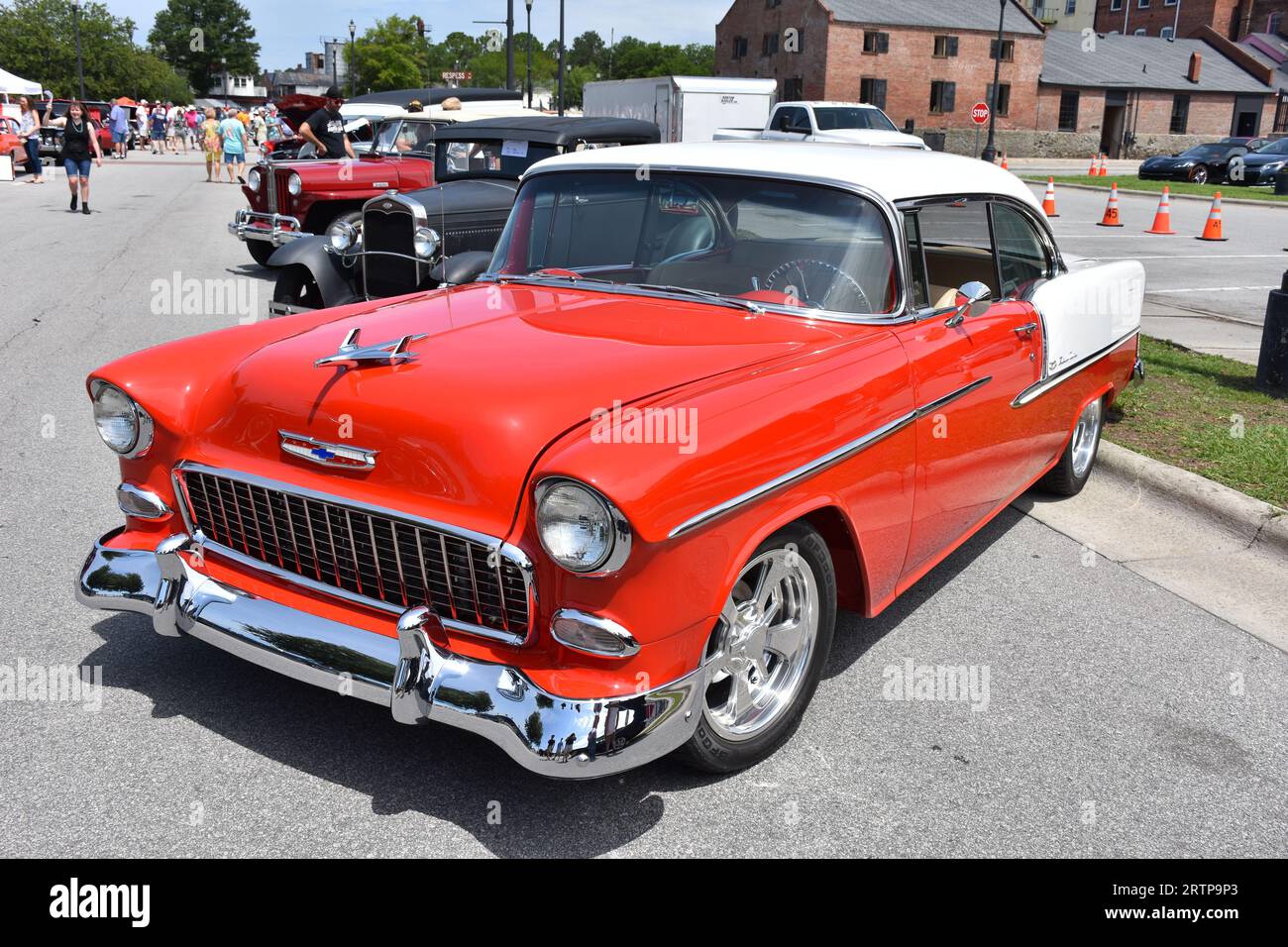 A1955 Chevrolet Bel Air Hard Top on display at a car show. Stock Photo