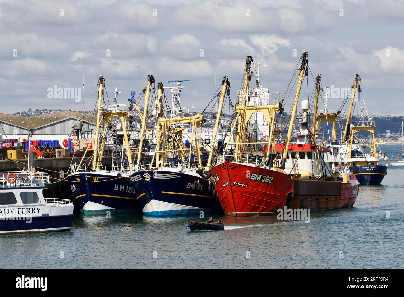 A trio of trawlers, including BM 362, Vandjk, at berth at Brixham Harbour Stock Photo
