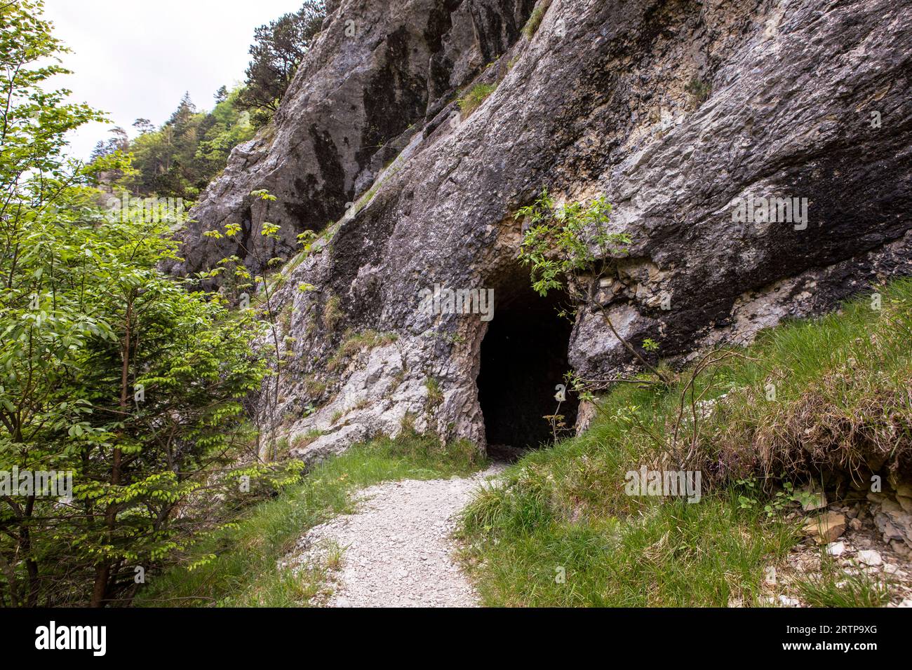 Rock wall with a dark hole, entrance to the cave in Jura mountains, hiking trail, Gorges de Court, Switzerland Stock Photo
