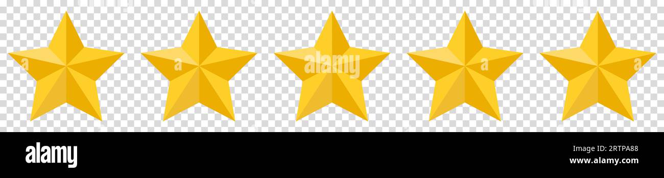 Set of five yellow stars icons. Five stars customer product rating. Vector illustration isolated on transparent background Stock Vector