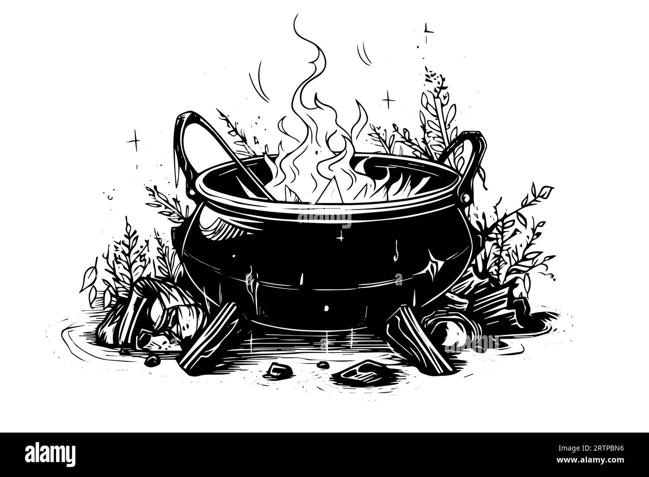 Boiling witch's cauldron hand drawn ink sketch. Engraving style vector