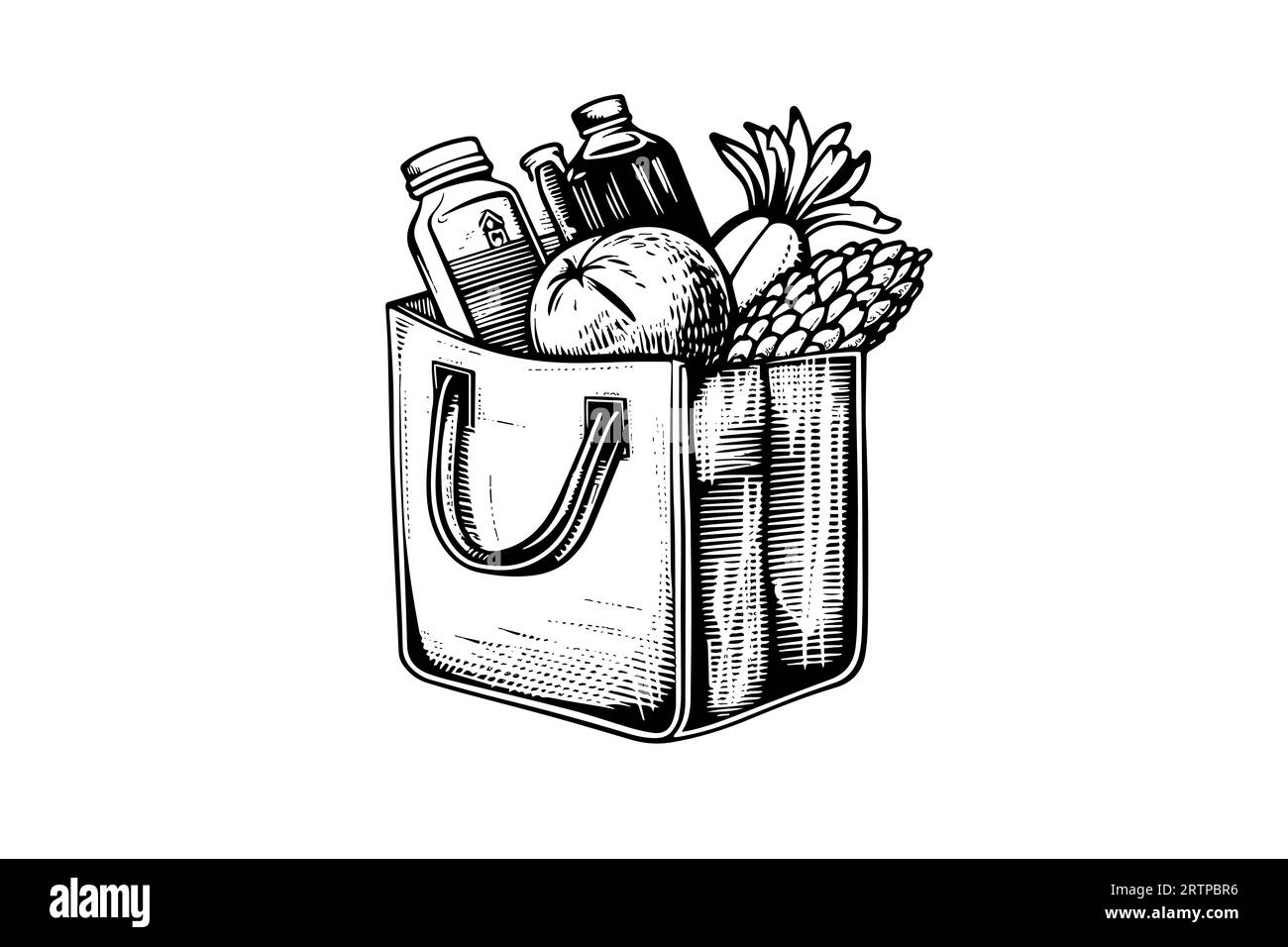 Grocery bag full of food engraving sketch vector handdrawn