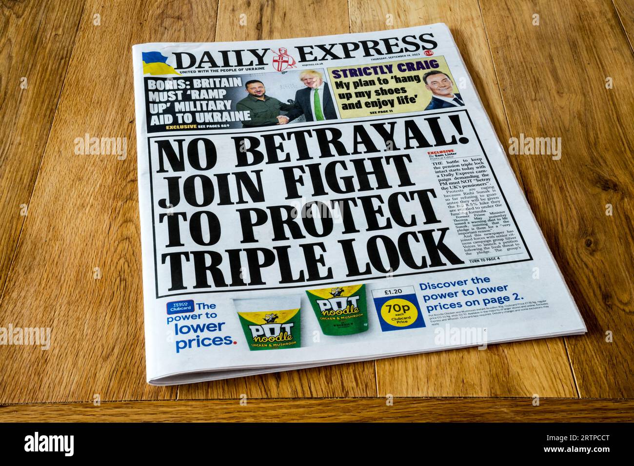 14 September 2023. Front page headline of Daily Express reads No Betrayal! Join fight to protect triple lock. Stock Photo